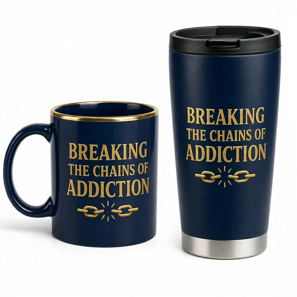 Breaking the Chains of Addiction mug and tumbler in Navy