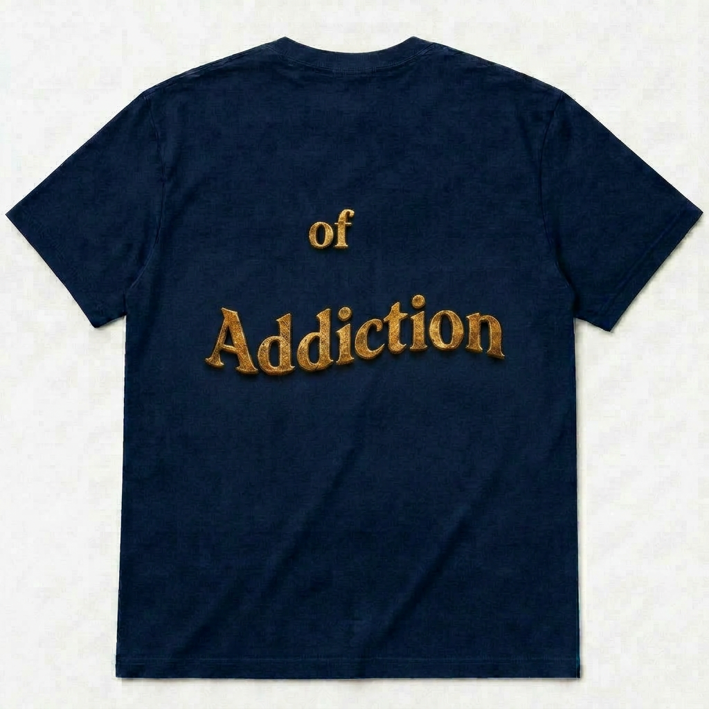 Back of Navy t-shirt: of Addiction in weathered gold serif