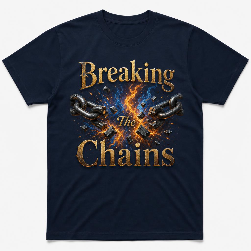 Front of Navy t-shirt: Breaking The Chains with broken chains and flames